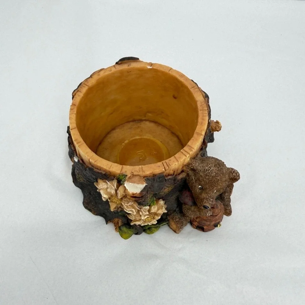 Bear Figurine Tree Stump Planter Pot Candle Holder Beehive Rustic Decor Cutecore